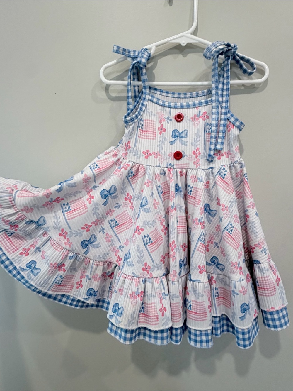 Abby & Evie Girls Patriotic Tie Shoulder Dress 12M USA Flag Bows Tiered Ruffle